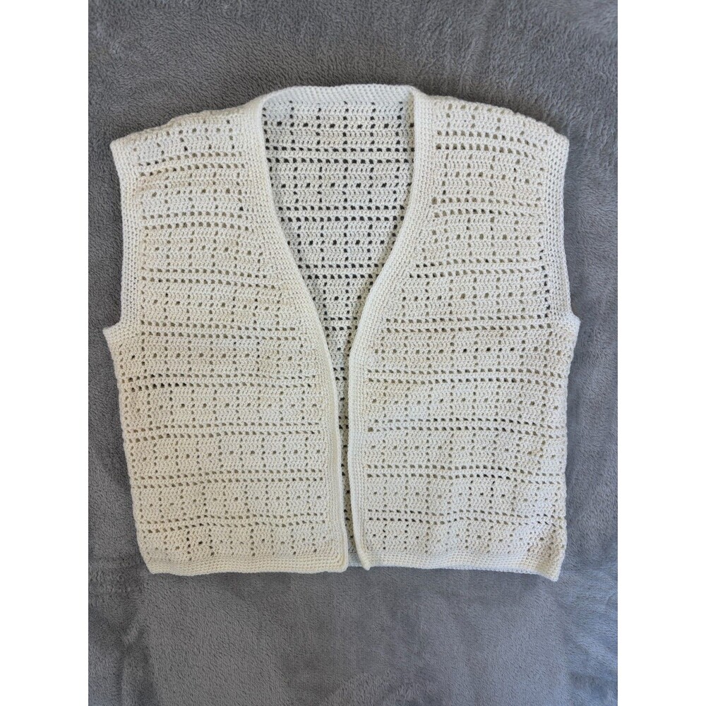 Handmade Crochet Vest Womens Small Boho Festival Cottagecore Open Front Cream Kn